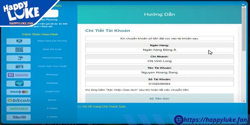 Nạp Rút Tiền Happyluke 2 Phương thức giao dịch chuyển khoản phổ biến